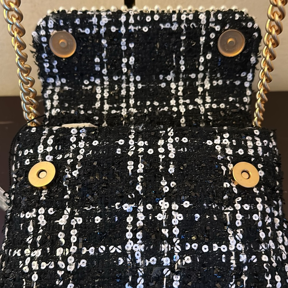 NWTGS Kurt Geiger black and white plaid bejeweled fabric handle mini Kensington! - Picture 5 of 9